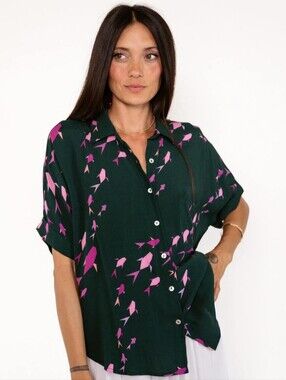 Fighting Eel Ava Sky Top Quinn Wakame Origami Fish S Dark Green Buttondown Shirt